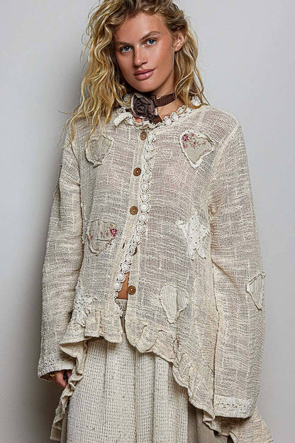Floral Heart and Star Appliqué Crochet Lace Trim Cardigan