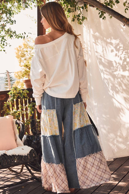 Mixed Fabric Patchwork Wide Leg Pants