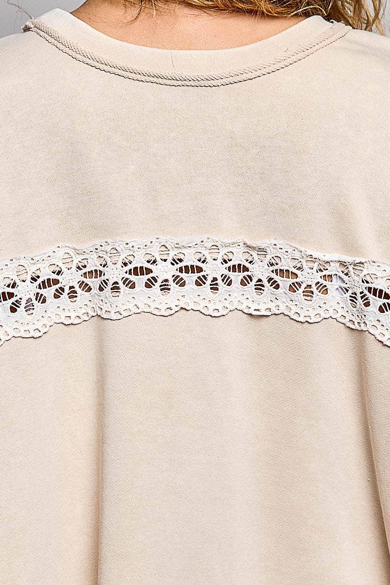 French Terry Eyelet Ruffle Vintage Washing Solid Knit Top