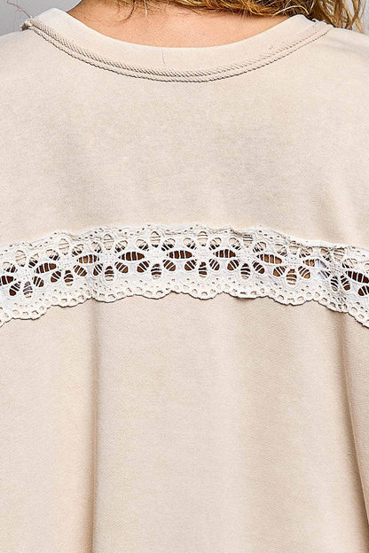 French Terry Eyelet Ruffle Vintage Washing Solid Knit Top