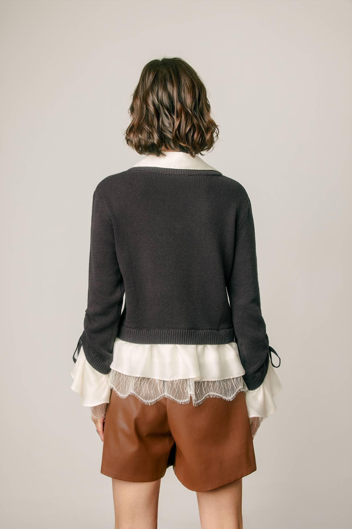 Satin & Lace Shirt Insert Ruffle Sleeve Sweater in navy pearl