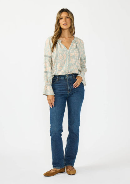 Long Sleeve Button Front Blouse w/ Lace Trim