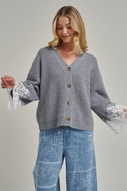 LOOSE FIT SOFT V NECK SWEATER CARDIGAN WITH LACE