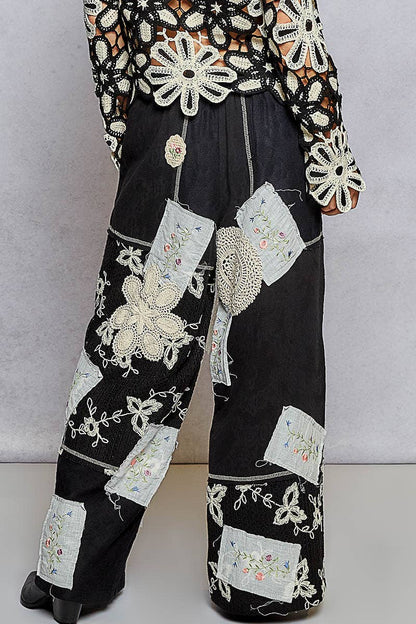 Solid Lace Patch Detail Woven Pants