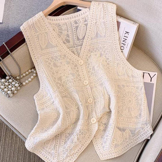 BEIGE Bohemian Crochet Sleeveless Vest O/S