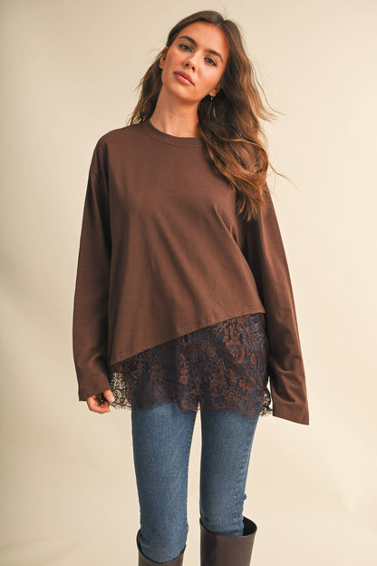 ASYMETRIC OVERLAY LACE LONG SLEEVE CREW NECK TOP