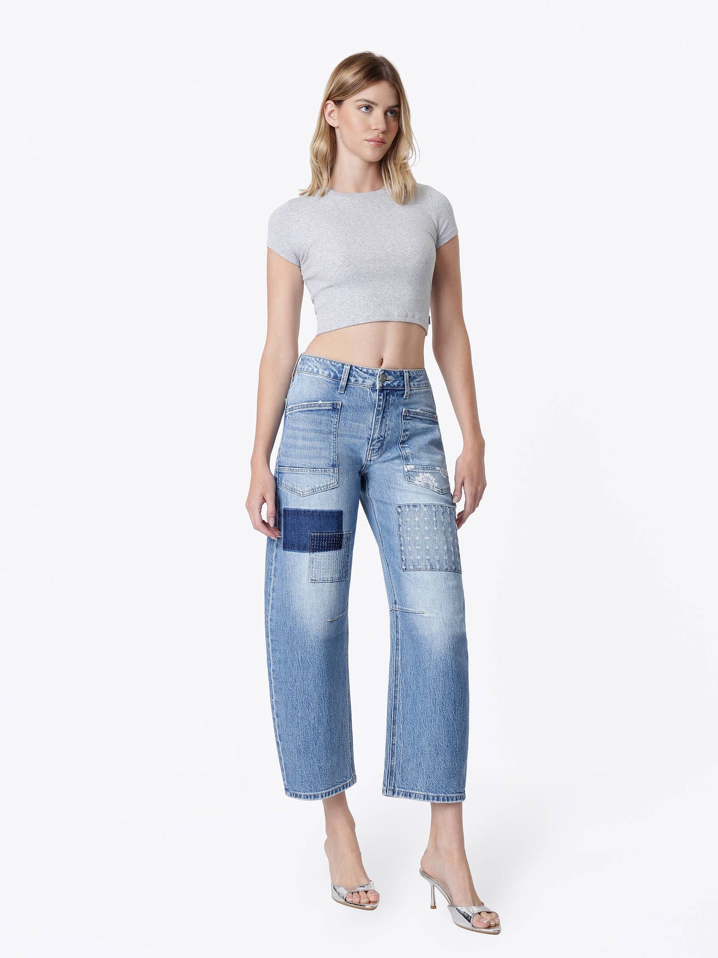 VERVET HIGH RISE PATCHWORK DETAIL BARREL JEANS