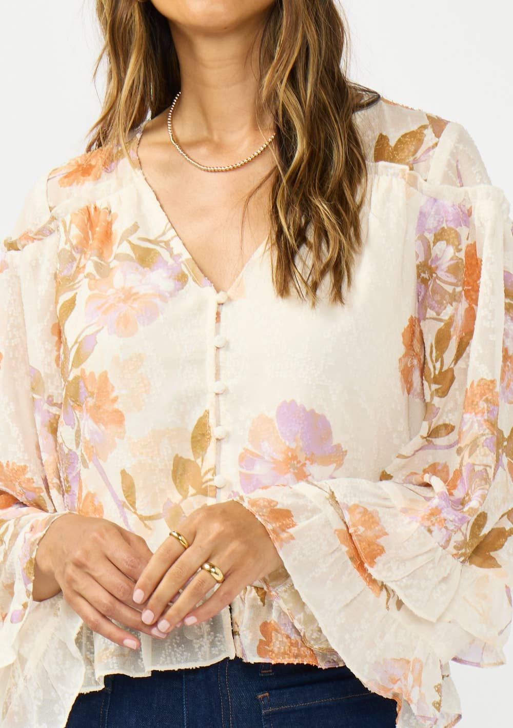 V-Neck Button Front High-Low Hem Ruffle Blouse