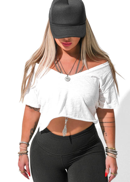 CROPPED PREMIUM PLUNGE V-NECK SIDE SLIT TOP