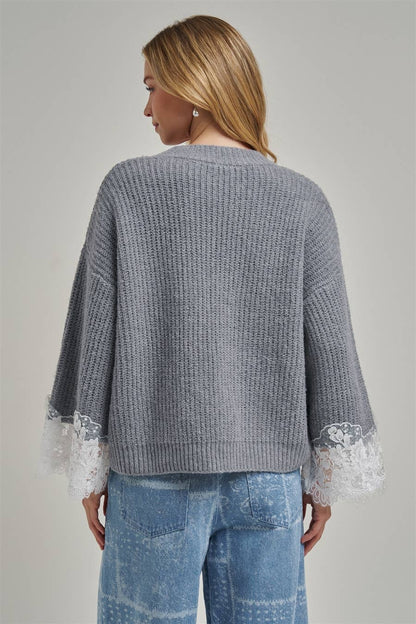 LOOSE FIT SOFT V NECK SWEATER CARDIGAN WITH LACE