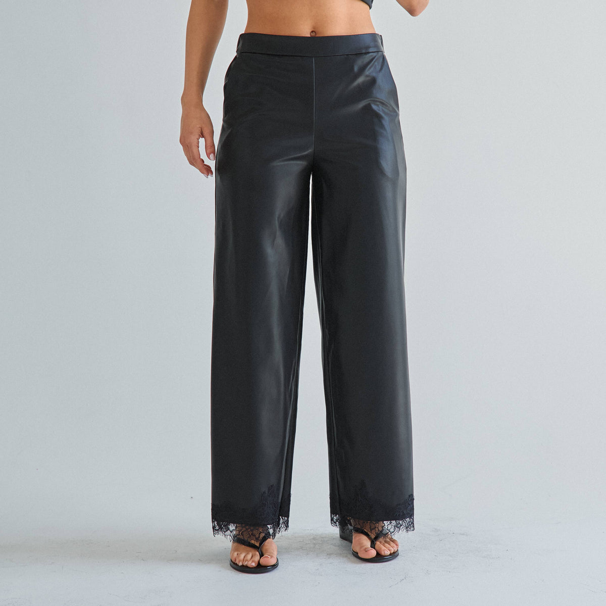 Black Lace trim vegan leather cami top & pants set