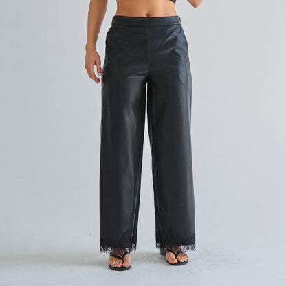 Black Lace trim vegan leather cami top & pants set