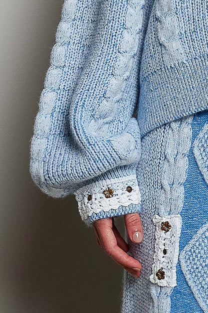 Vintage Lace Patch Stud Balloon Sleeve Sweater Top In Light blue