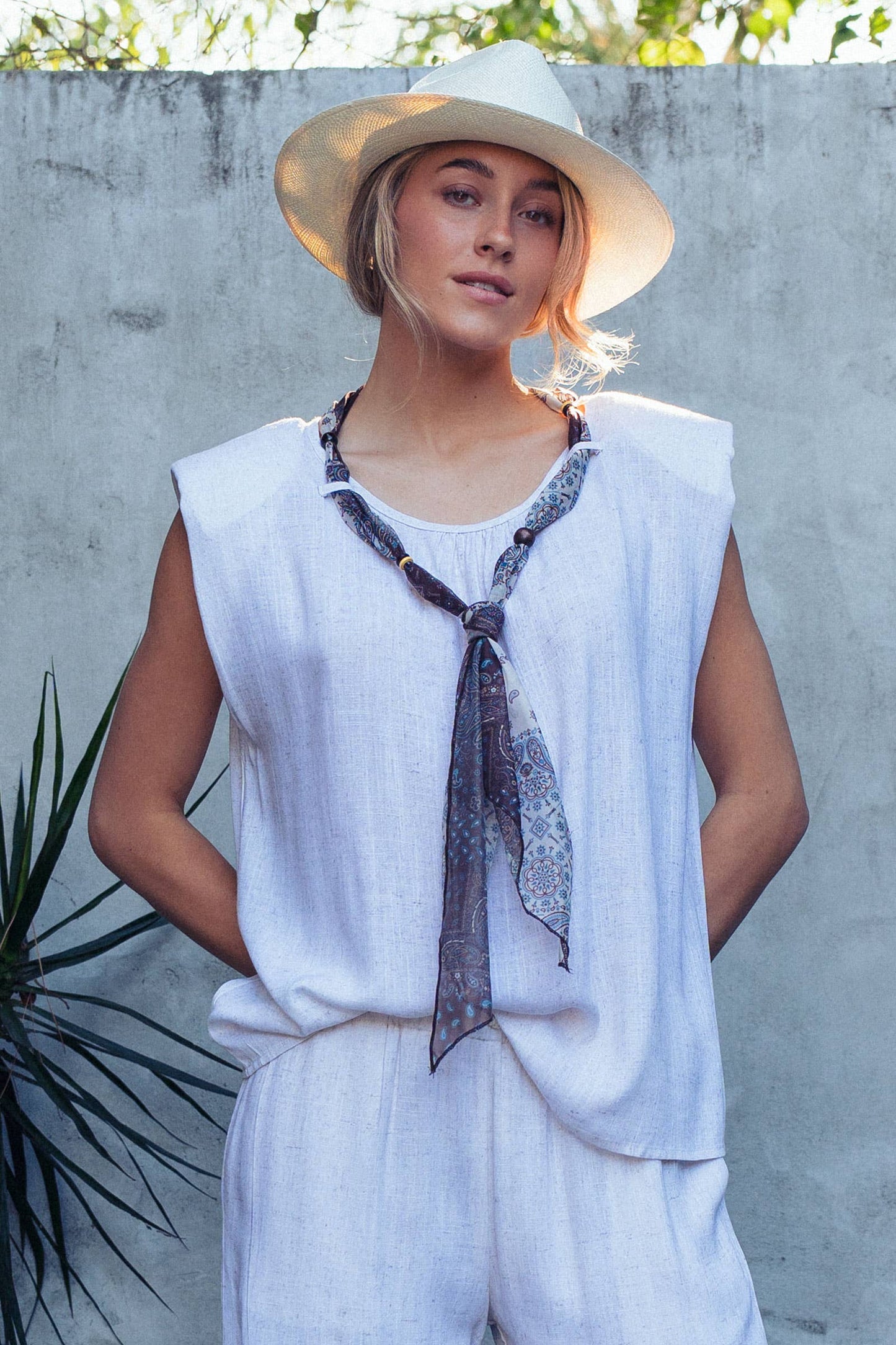 Paisley Scarf Tie Linen Blend Muscle Top