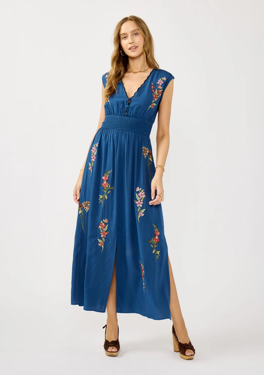 Floral Scalloped Embroidered Maxi Dress in NAVY