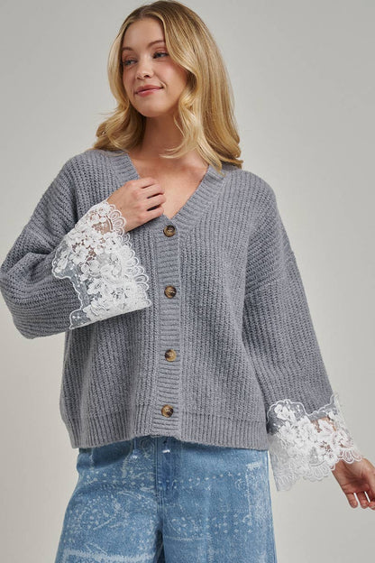 LOOSE FIT SOFT V NECK SWEATER CARDIGAN WITH LACE
