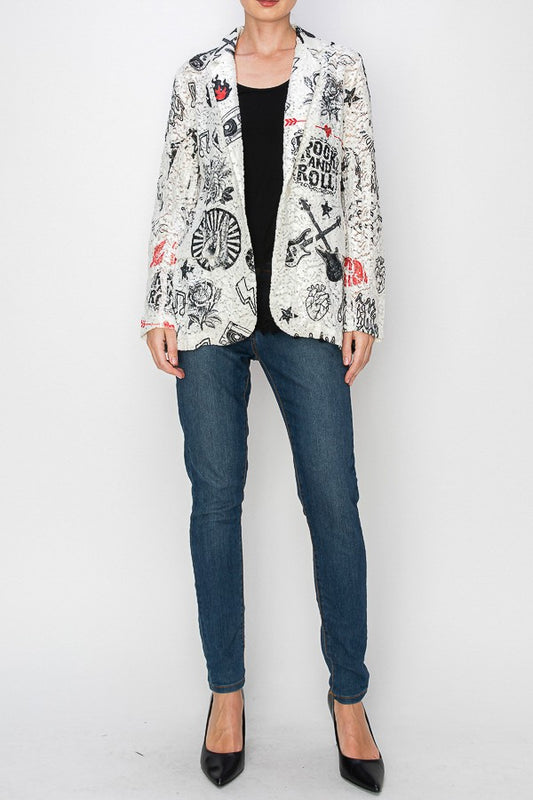 LACE AND SEQUIN BLAZER JACKET WITH ROCK N ROLL