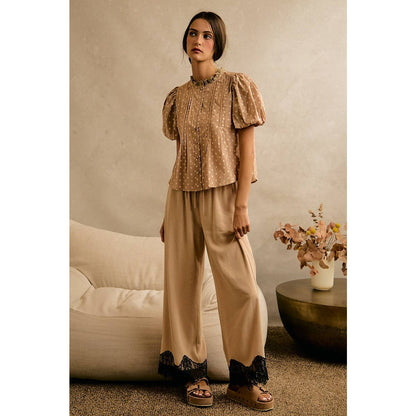 LINEN BLEND LACE TRIM BANDING WAIST PANTS