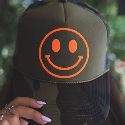 Otto Camo Trucker Hat with Orange Happy Face