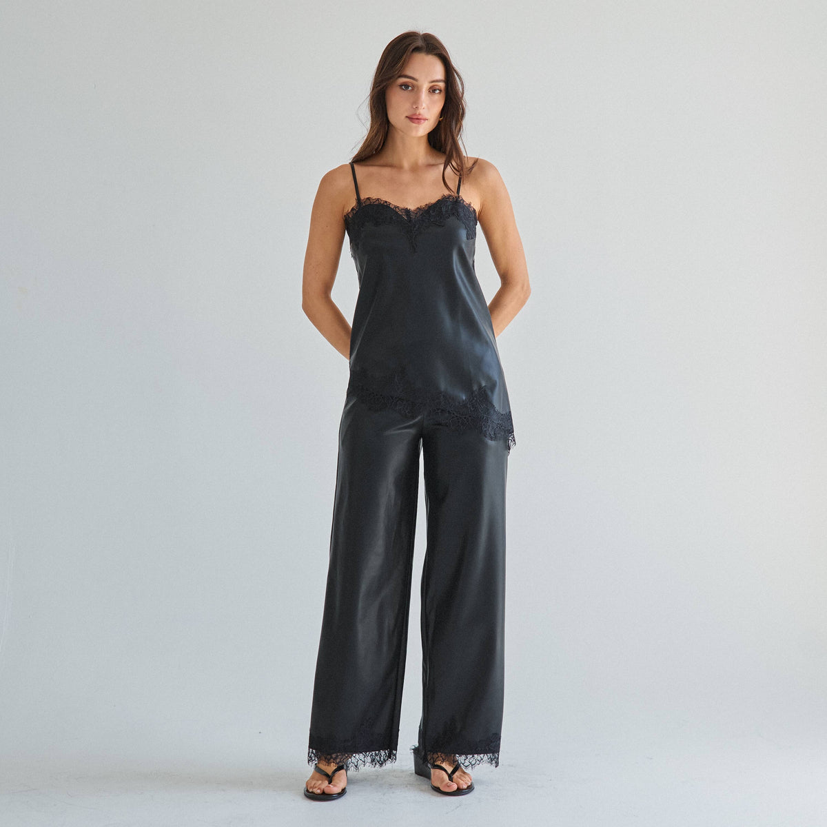 Black Lace trim vegan leather cami top & pants set