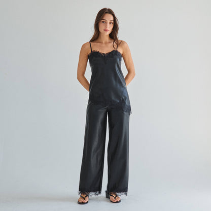 Black Lace trim vegan leather cami top & pants set