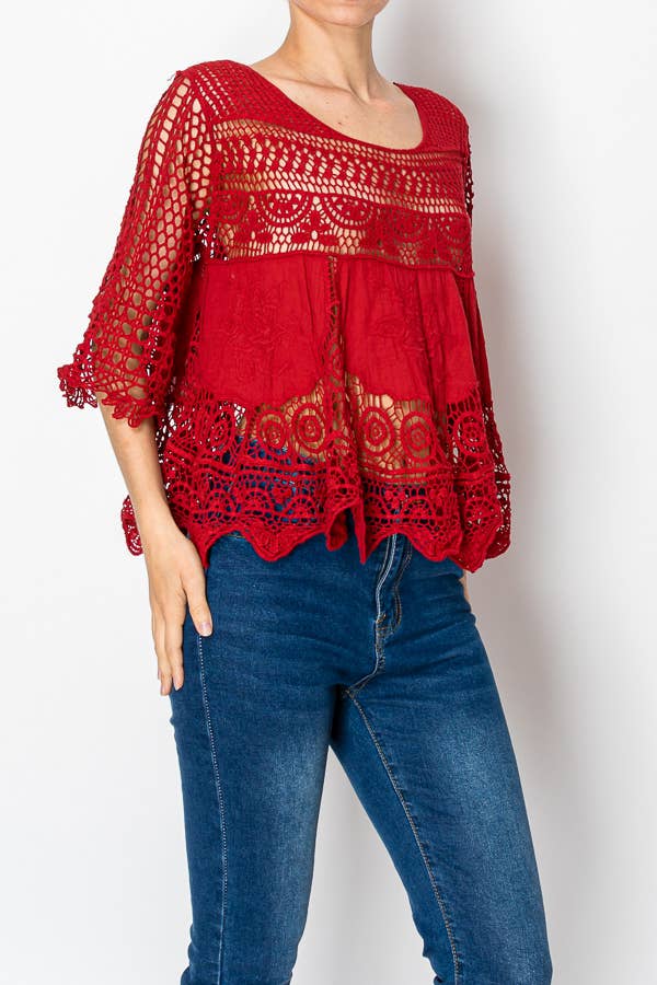 Relaxed Short Crochet Lace Top-4819 RED