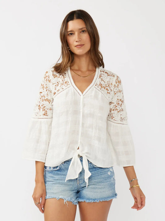 Button Down Crochet Lace Tie Front Top IN OFF WHITE