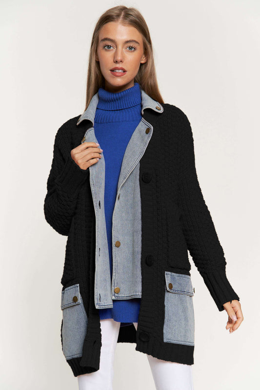 DENIM COLLAR POCKET DETAIL CHUNKY KNIT CARDIGAN