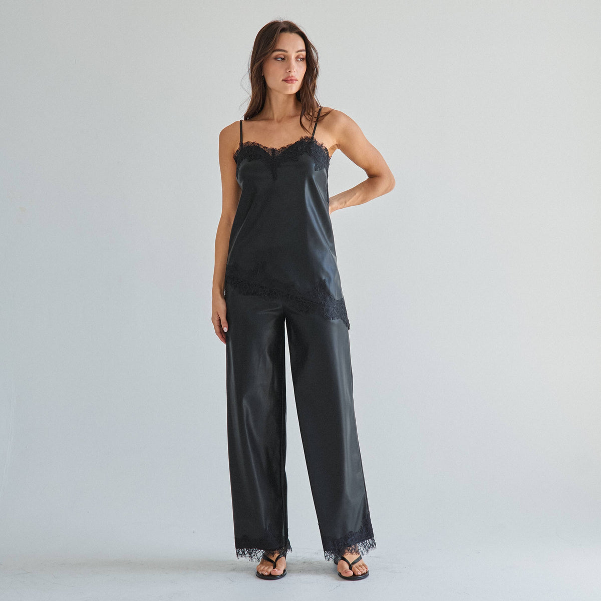 Black Lace trim vegan leather cami top & pants set