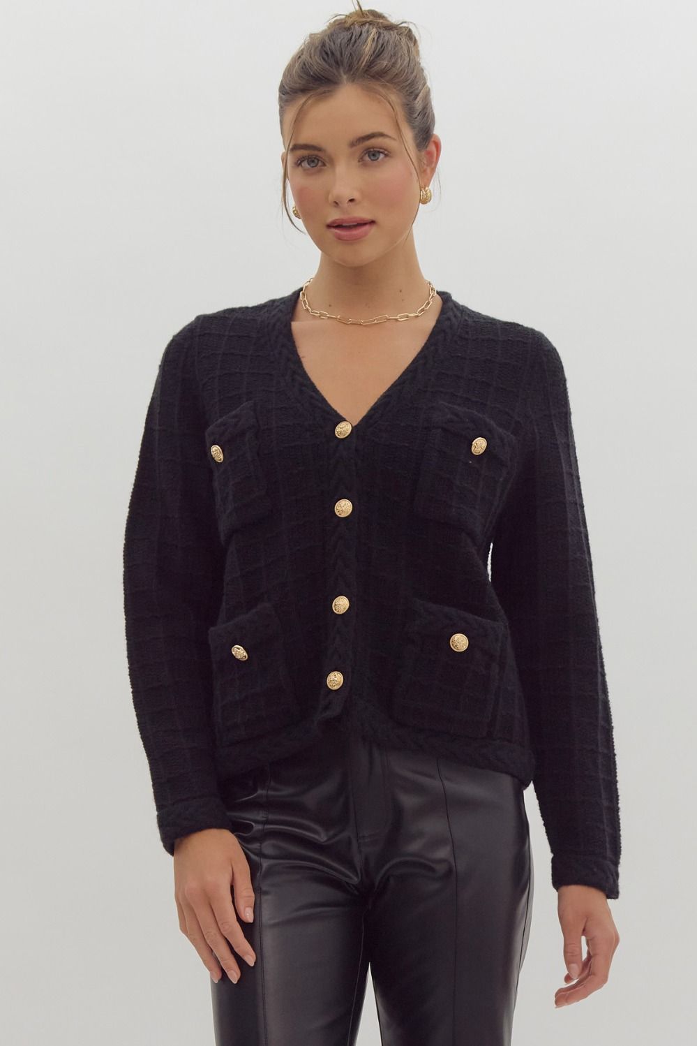 BLACK BUTTON KNIT CARDIGAN