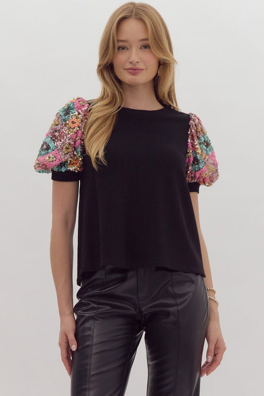 SEQUIN BLACK PUFF SLEEVE TOP