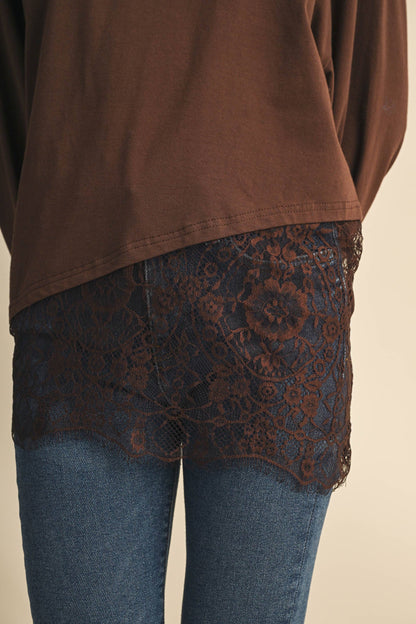 ASYMETRIC OVERLAY LACE LONG SLEEVE CREW NECK TOP