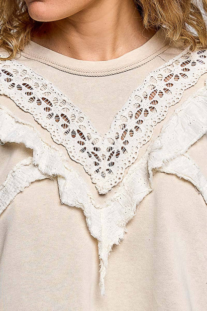 French Terry Eyelet Ruffle Vintage Washing Solid Knit Top