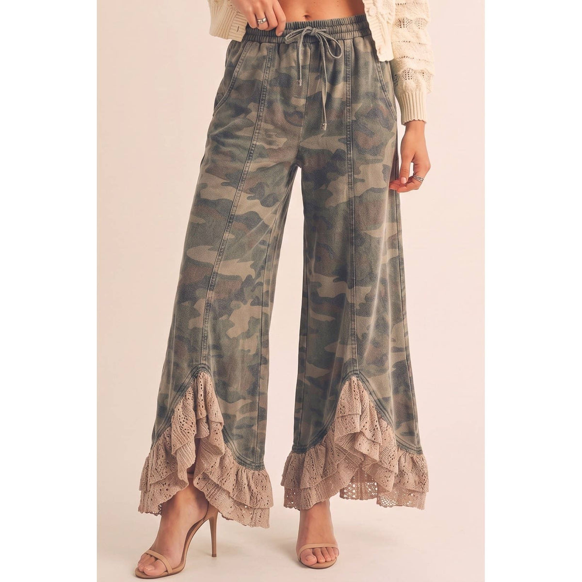 Vintage Lace Infused Couture Elastic Waist Pants In CAMO