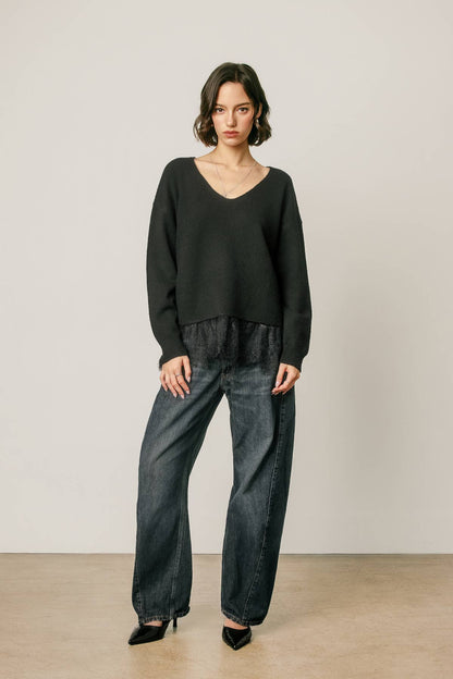 Lace Hem V-Neck Relaxed Sweater