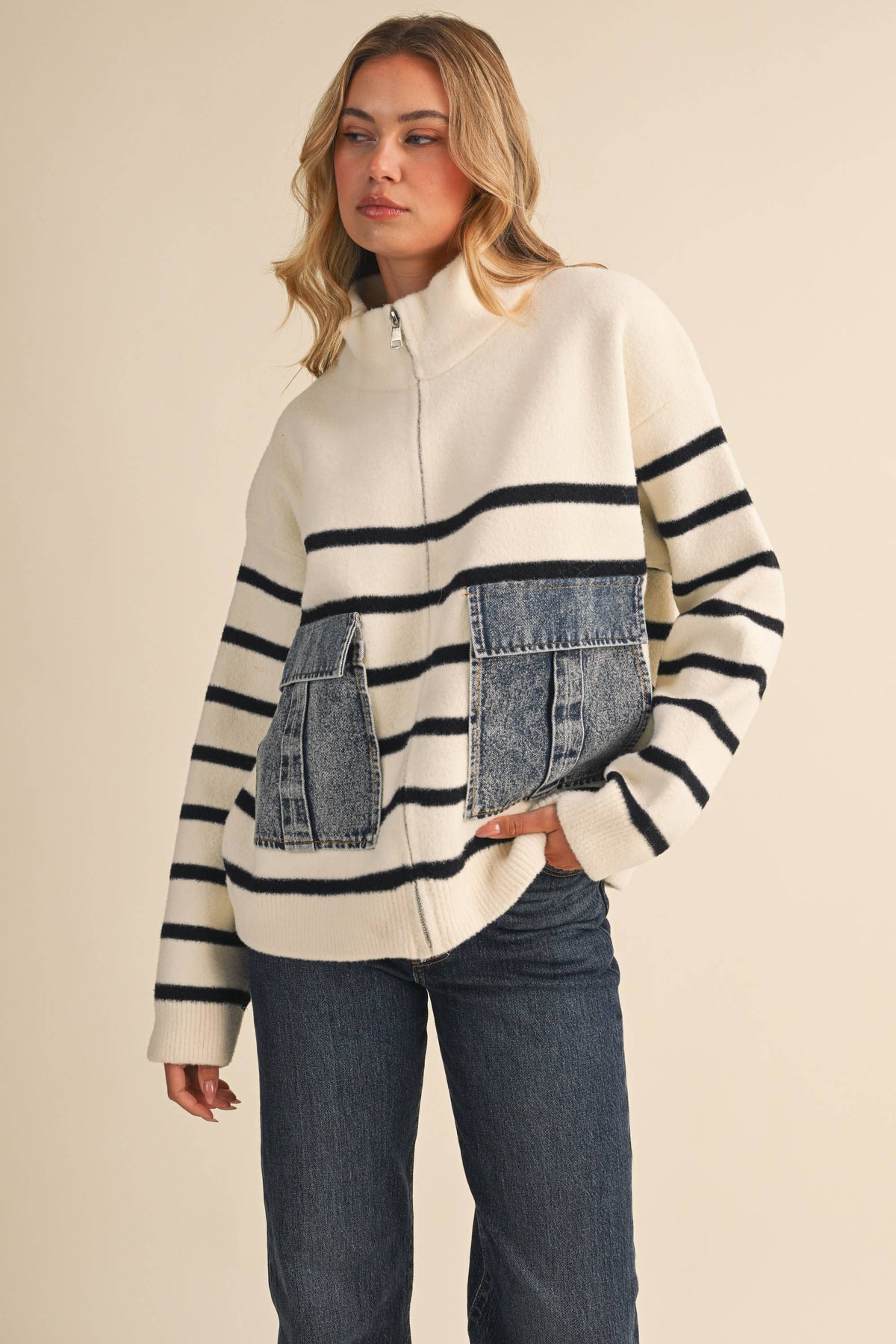 STRIPED DENIM FRONT POCKET DETAILED ZIP UP HIGH NECK