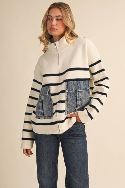 STRIPED DENIM FRONT POCKET DETAILED ZIP UP HIGH NECK