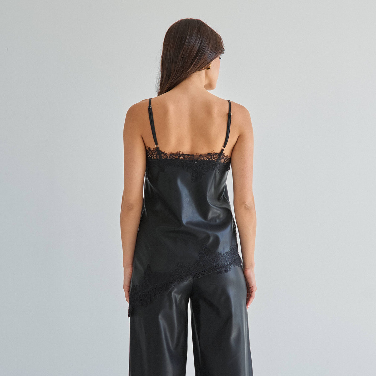 Black Lace trim vegan leather cami top & pants set