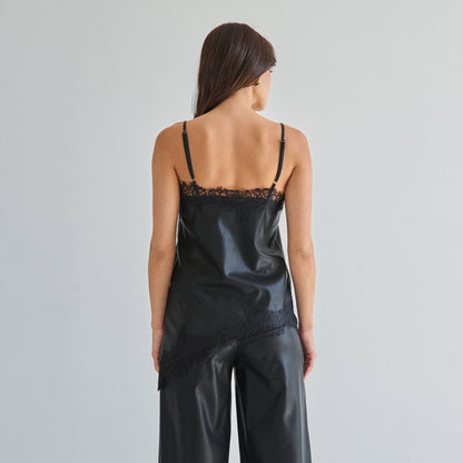 Black Lace trim vegan leather cami top & pants set