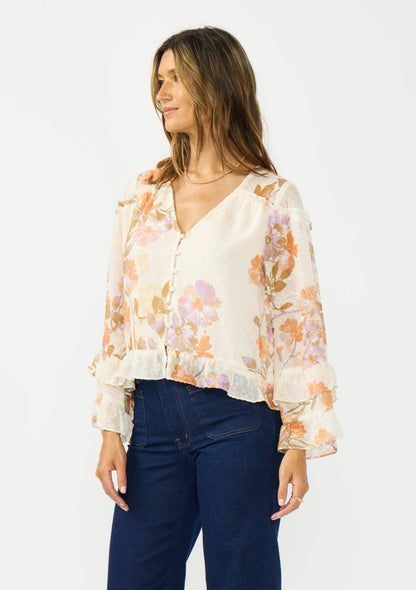 V-Neck Button Front High-Low Hem Ruffle Blouse