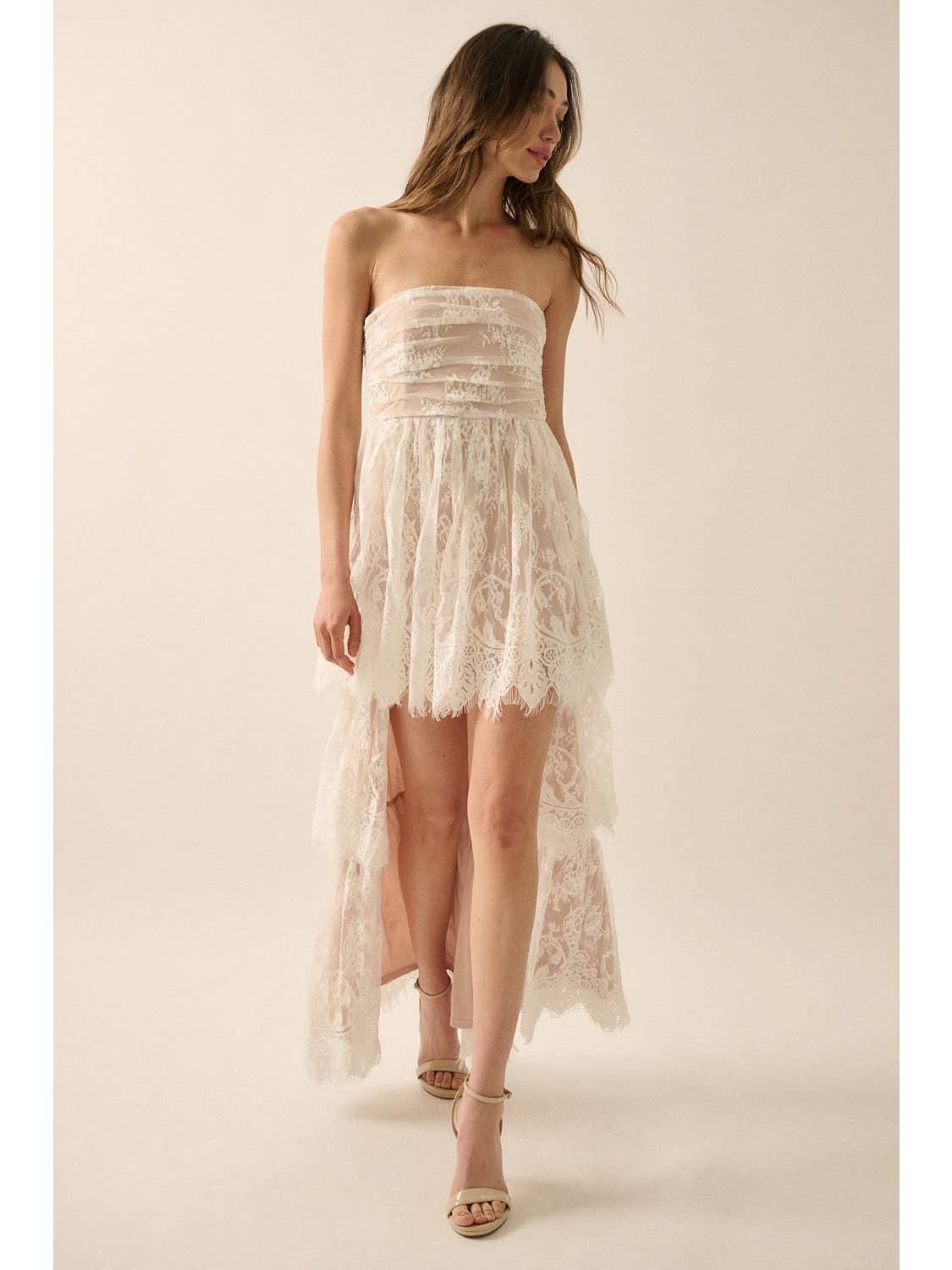 Layered Floral Lace Strapless High-Low Maxi Dress