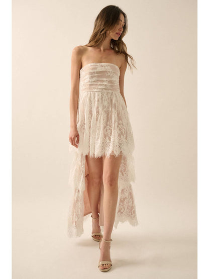 Layered Floral Lace Strapless High-Low Maxi Dress