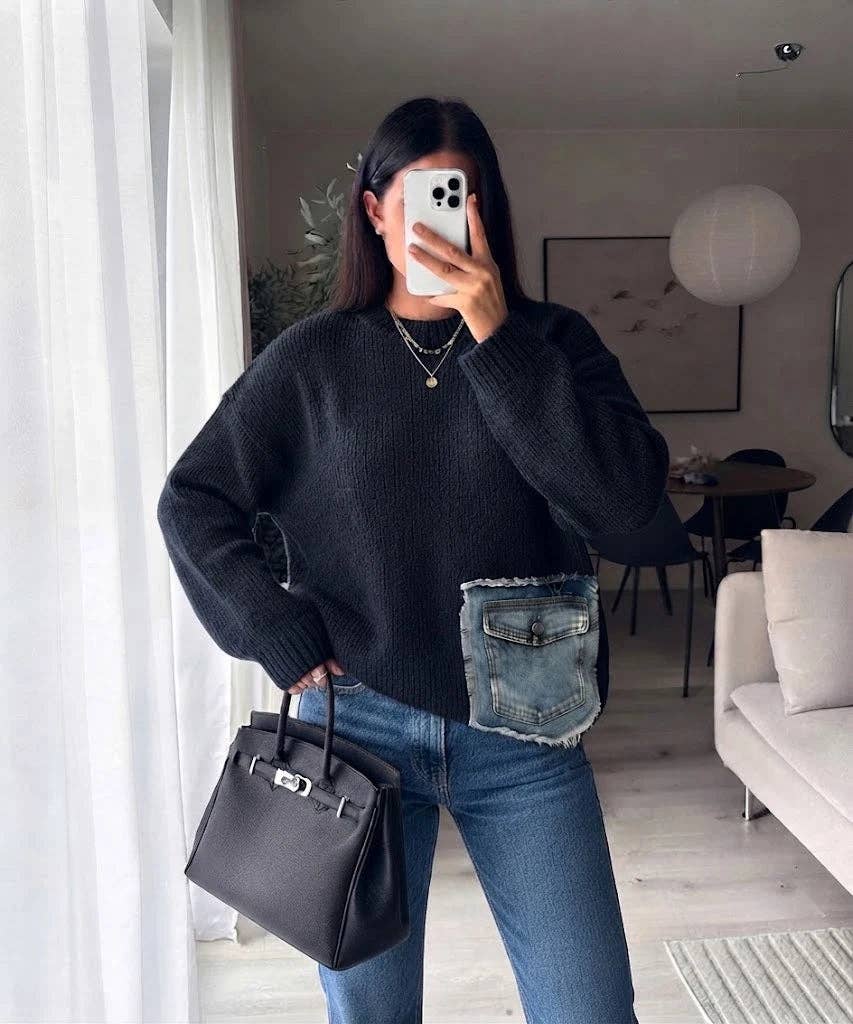Black Mohair Denim-Pocket Sweater