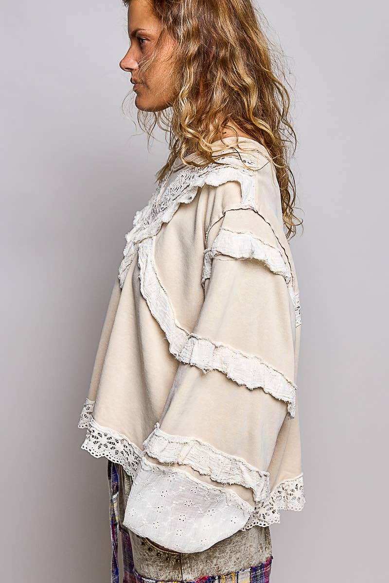 French Terry Eyelet Ruffle Vintage Washing Solid Knit Top