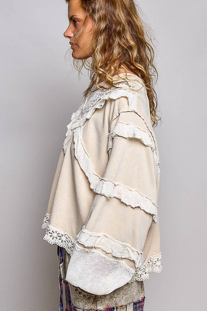 French Terry Eyelet Ruffle Vintage Washing Solid Knit Top
