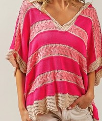 Multi Color Stripe Waved Hem Crochet Hoodie in fuschia