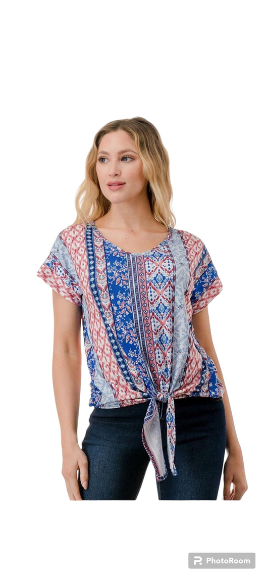 VAVA CAMILE FRONT TIE TOP IN BLUE ETHNIC