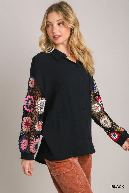 Cotton Gauze Button Down Top with Color Crochet Sleeves