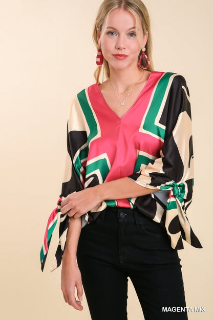 Satin Print Batwing Wrist Tie Top with Back String Tie Details