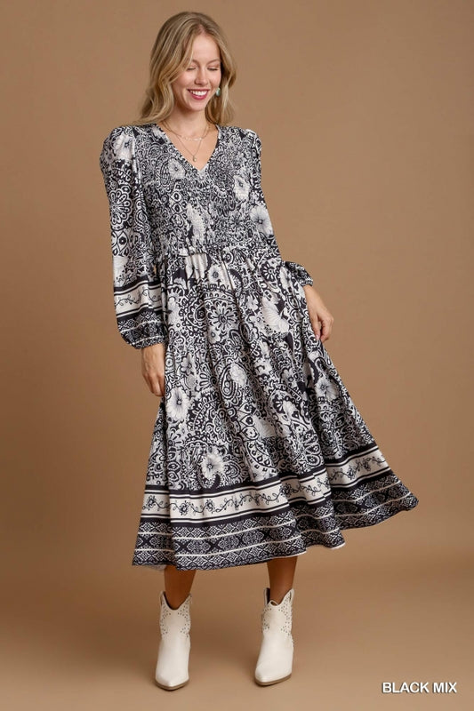 V-Neck Smocking Maxi Dress with Border Details